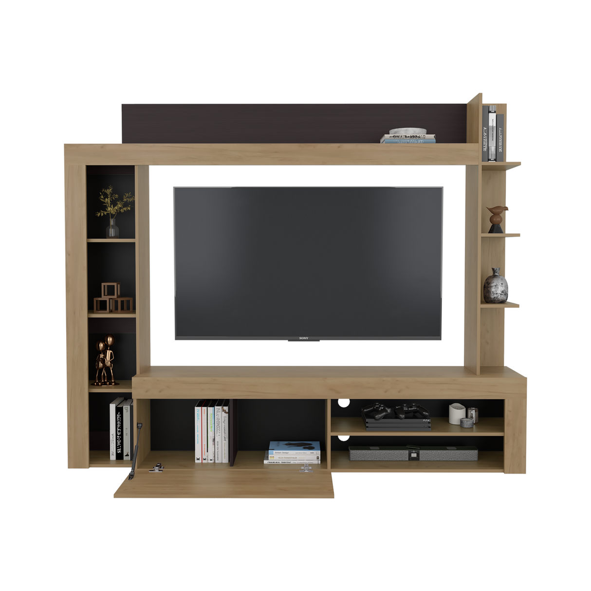 Centro de Entretenimiento Cecil Fresno Europeo y Wengue 215.8x178.1cm para TV Hasta 70 Pulgadas con Diez Compartimientos - MUEBLES DE TV | Bylmo