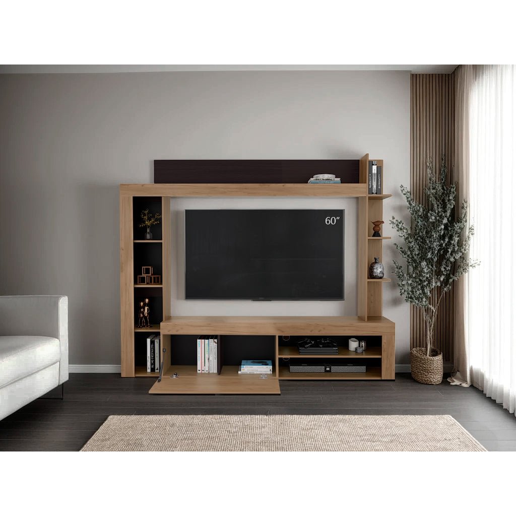 Centro de Entretenimiento Cecil Fresno Europeo y Wengue 215.8x178.1cm para TV Hasta 70 Pulgadas con Diez Compartimientos - MUEBLES DE TV | Bylmo