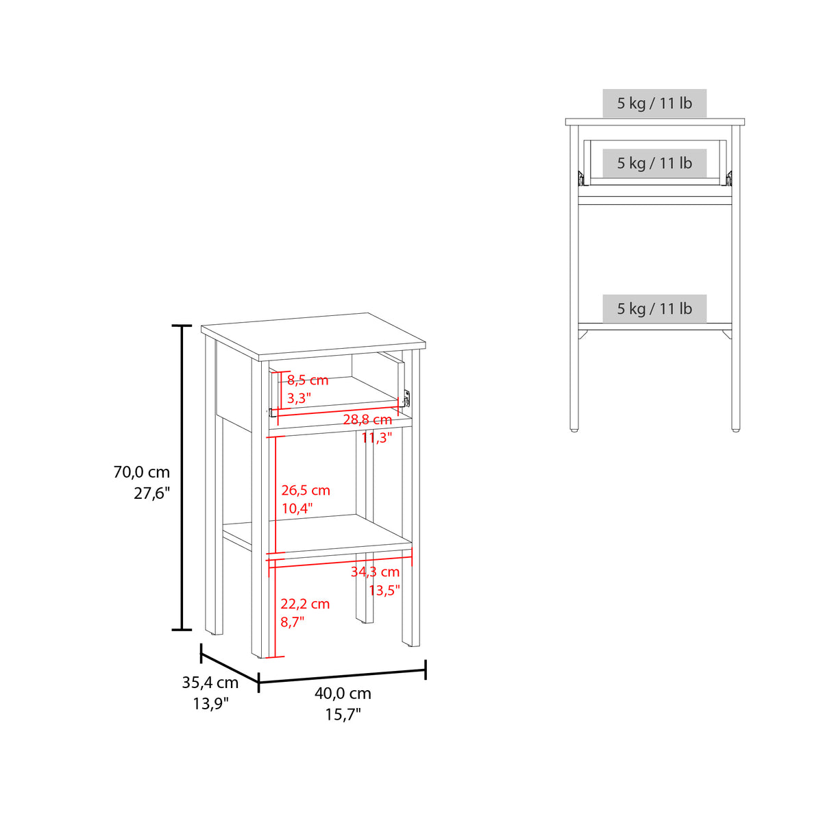 Mesa de Noche Newcastle Blanco 40x70cm con Un Cajón y con Dos Compartimientos - MESAS DE NOCHE | Bylmo
