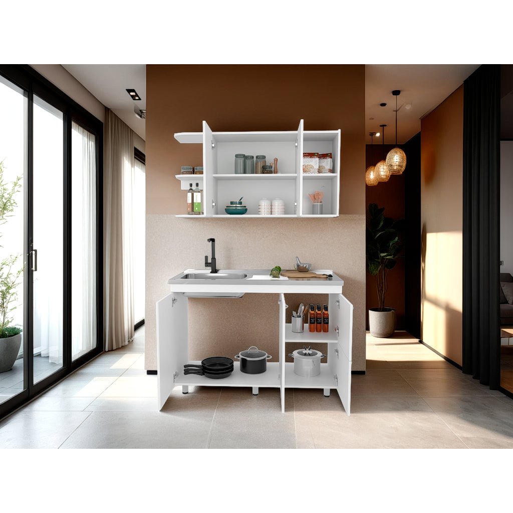 Cocina Elica Blanco 120x60cm con Mesón de Acero Al Carbón Lado Derecho - COCINAS | Bylmo