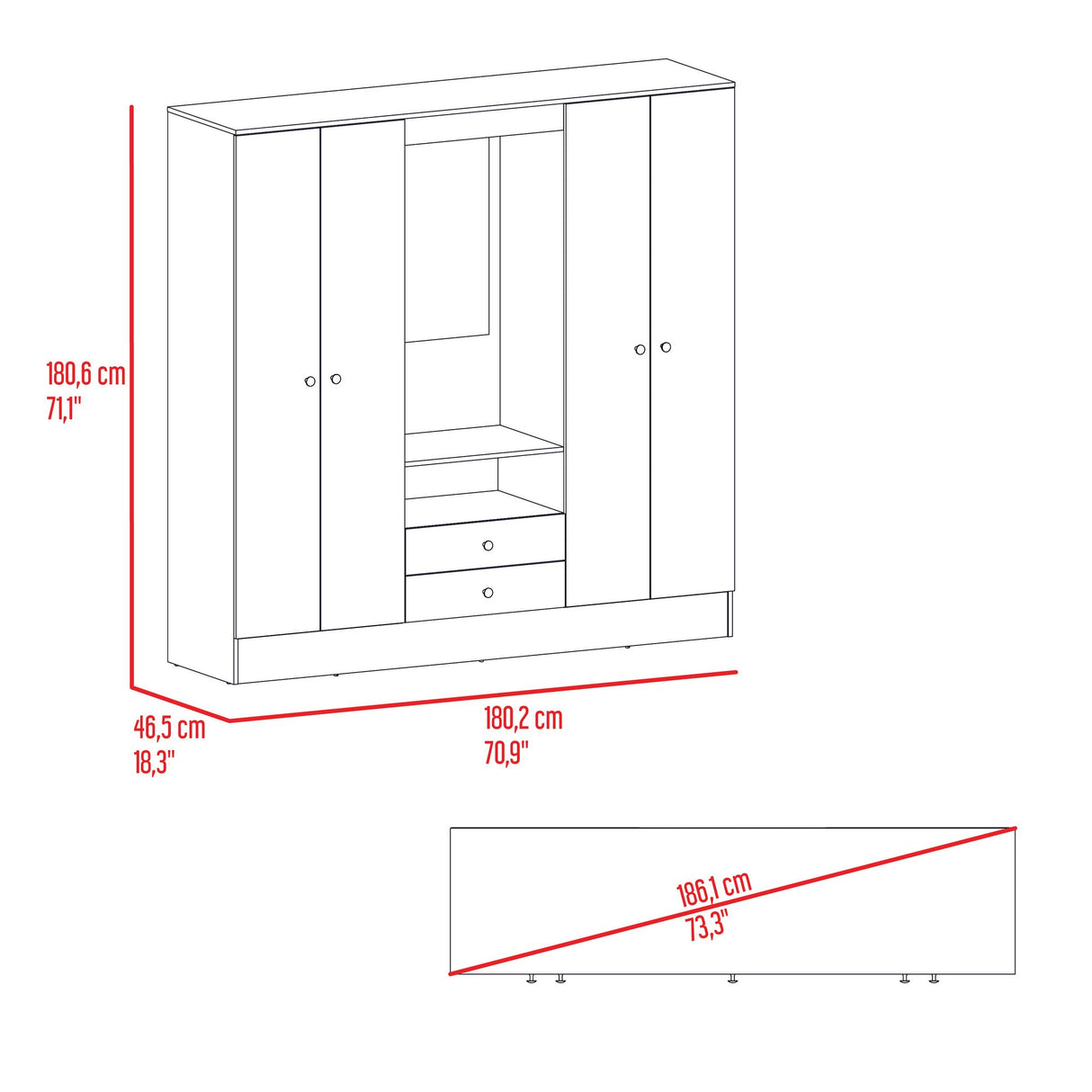Closet Barmine Fresno Europeo y Wengue 180.2x180.6cm con Espejo con Dos Cajones y Seis Compartimientos - CLOSETS | Bylmo