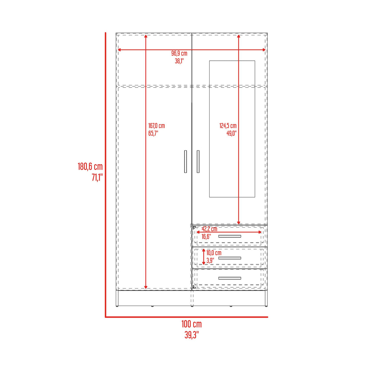 Closet Lumy Wengue 100x180.6cm con Tres Cajones con Seis Compartimientos y con Espejo - CLOSETS | Bylmo