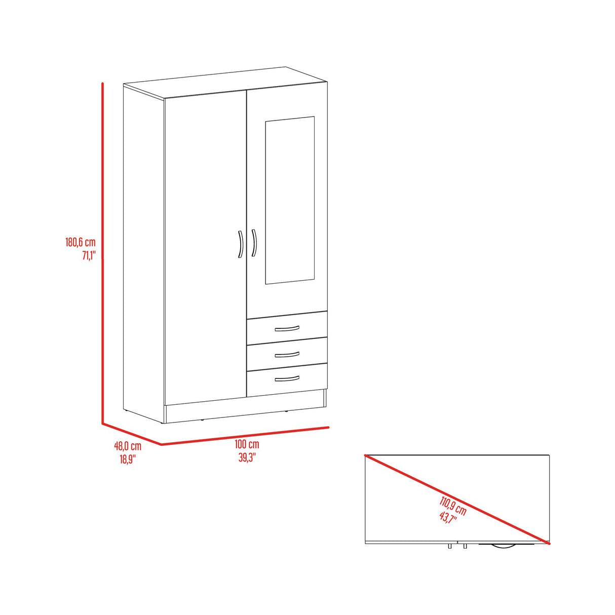 Closet Lumy Wengue 100x180.6cm con Tres Cajones con Seis Compartimientos y con Espejo - CLOSETS | Bylmo