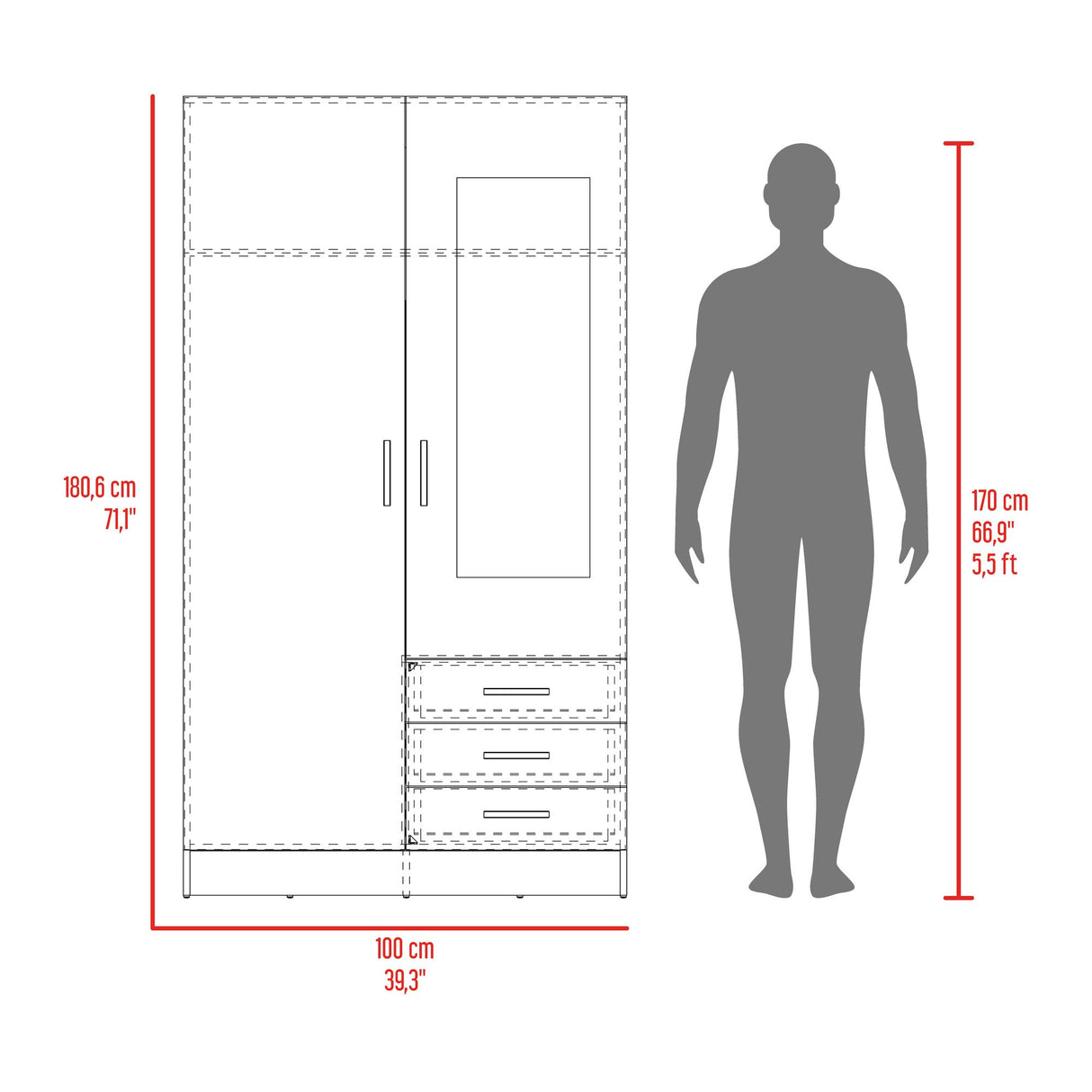 Closet Lumy Wengue 100x180.6cm con Tres Cajones con Seis Compartimientos y con Espejo - CLOSETS | Bylmo
