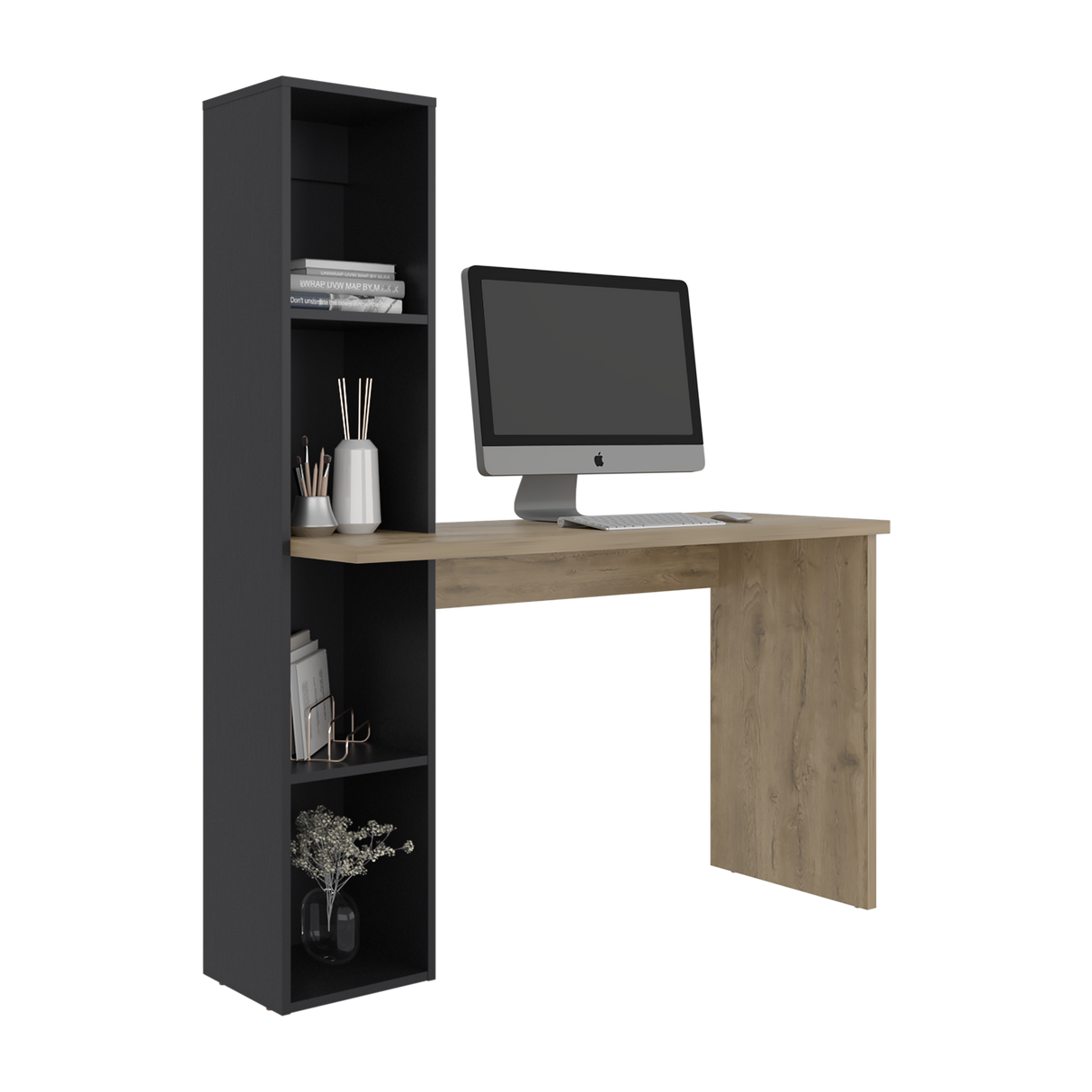 Escritorio con Biblioteca Aston Macadamia y Wengue 120.3x145.8cm con Organizador de Libros - ESCRITORIOS | Bylmo