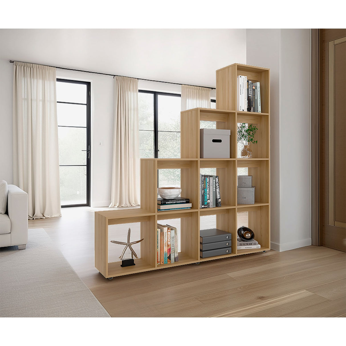 Biblioteca Esquinera Beijing Fresno Europeo 162x167cm Triangular con Diez Compartimientos y con Diez Entrepaños - BIBLIOTECAS Y ESTANTERIAS | Bylmo