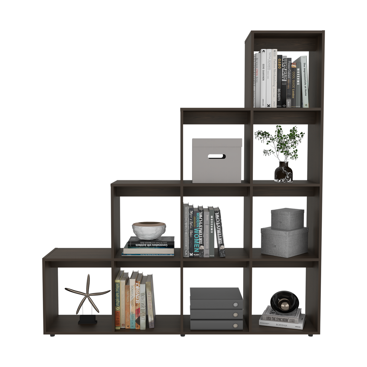 Biblioteca Esquinera Beijing Nogal 162x167cm Triangular con Diez Compartimientos y con Diez Entrepaños - BIBLIOTECAS Y ESTANTERIAS | Bylmo