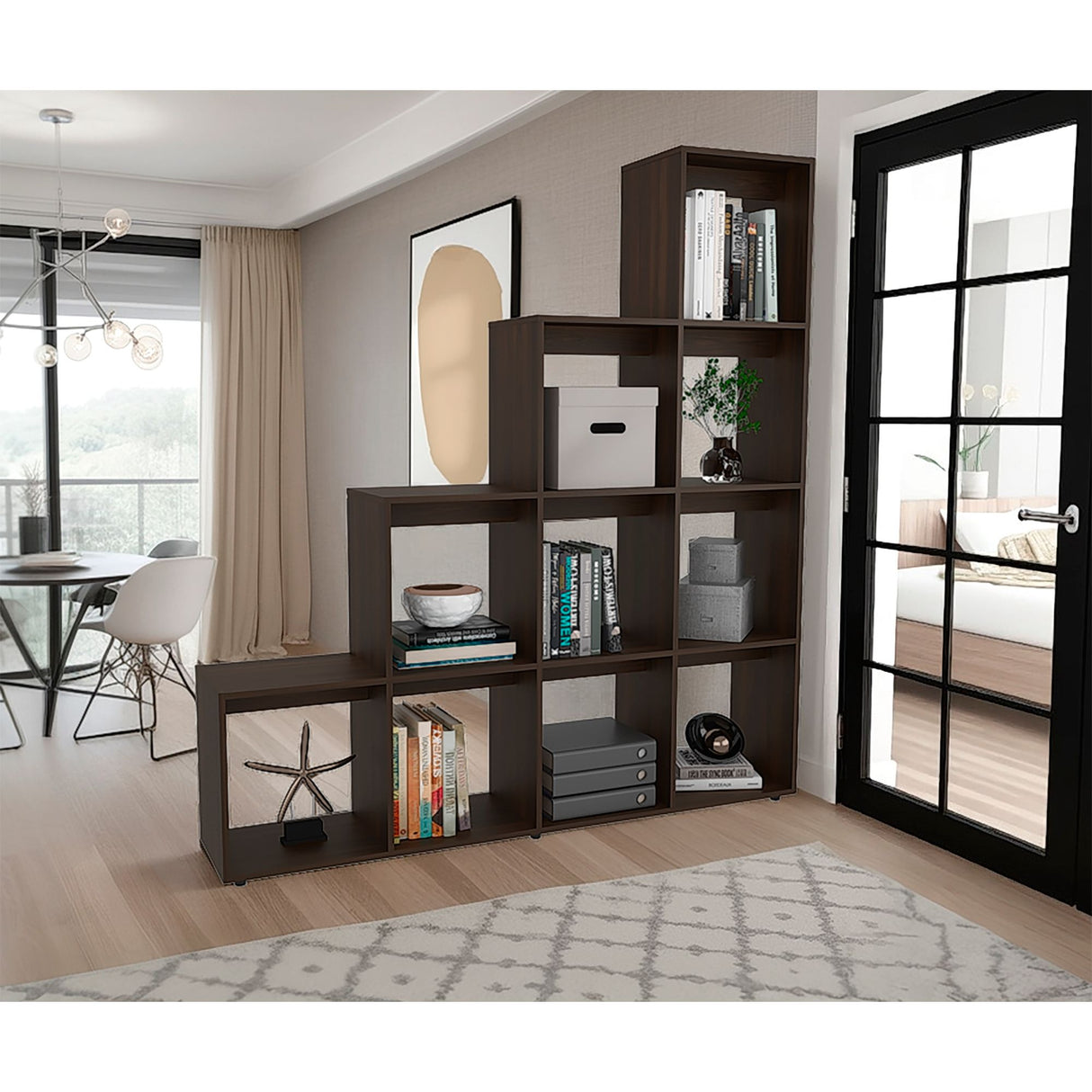 Biblioteca Esquinera Beijing Nogal 162x167cm Triangular con Diez Compartimientos y con Diez Entrepaños - BIBLIOTECAS Y ESTANTERIAS | Bylmo