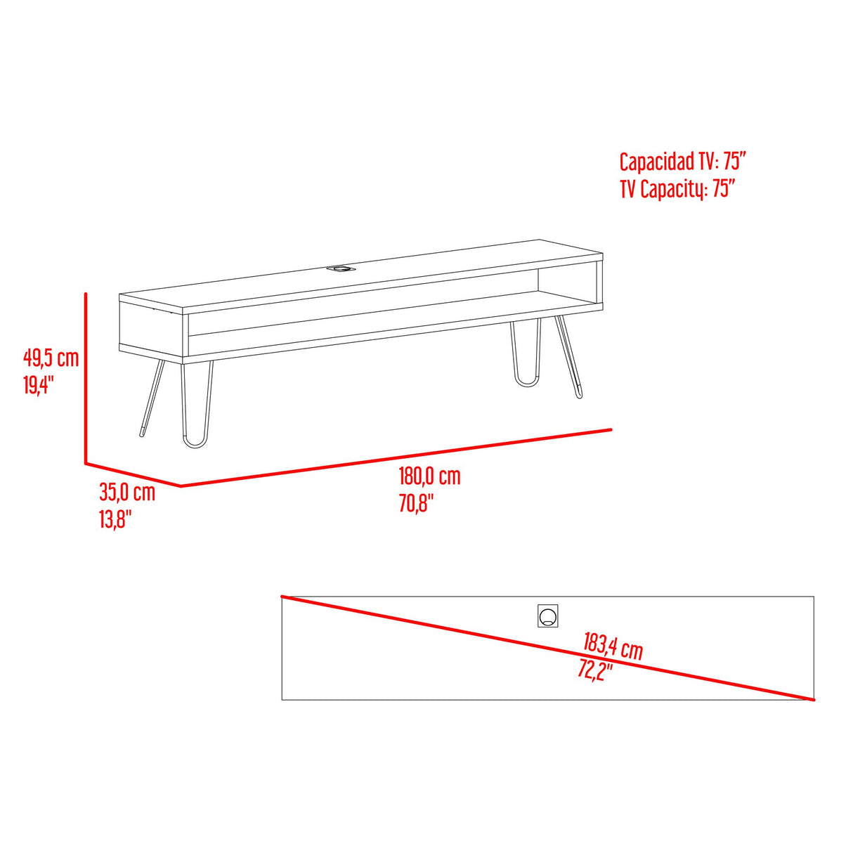 Rack de TV Luft Miel 180x49.5cm para TV Hasta 75" Pulgadas con Un Compartimiento - MUEBLES DE TV | Bylmo