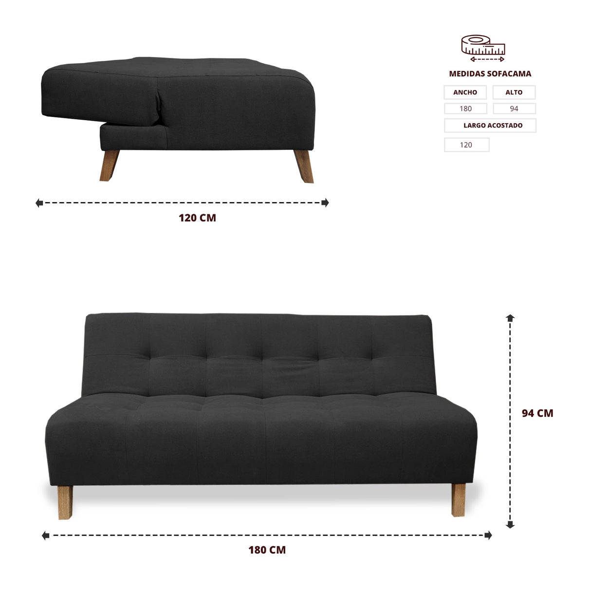 Sofacama Egli Negro 180x94cm de Tres Puestos Reclinable Antifluido y sin Apoya Brazos - SOFAS Y POLTRONAS | Bylmo