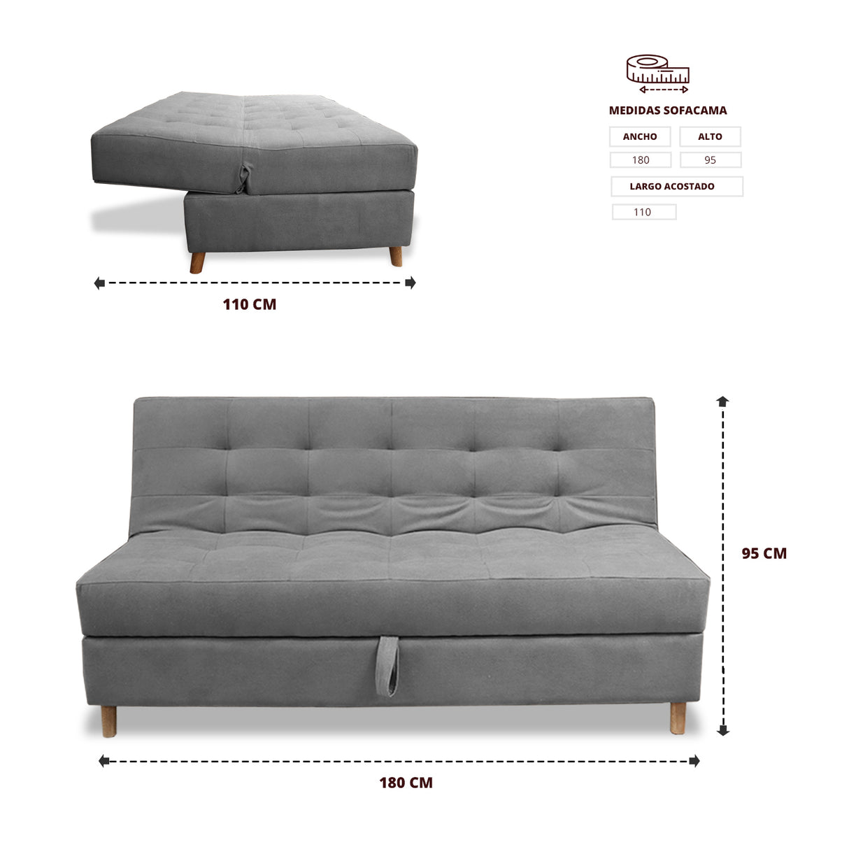 Sofacama Lugano Gris 180x95cm de Tres Puestos Reclinable Antifluido con Almacenamiento y sin Apoya Brazos - SOFAS Y POLTRONAS | Bylmo