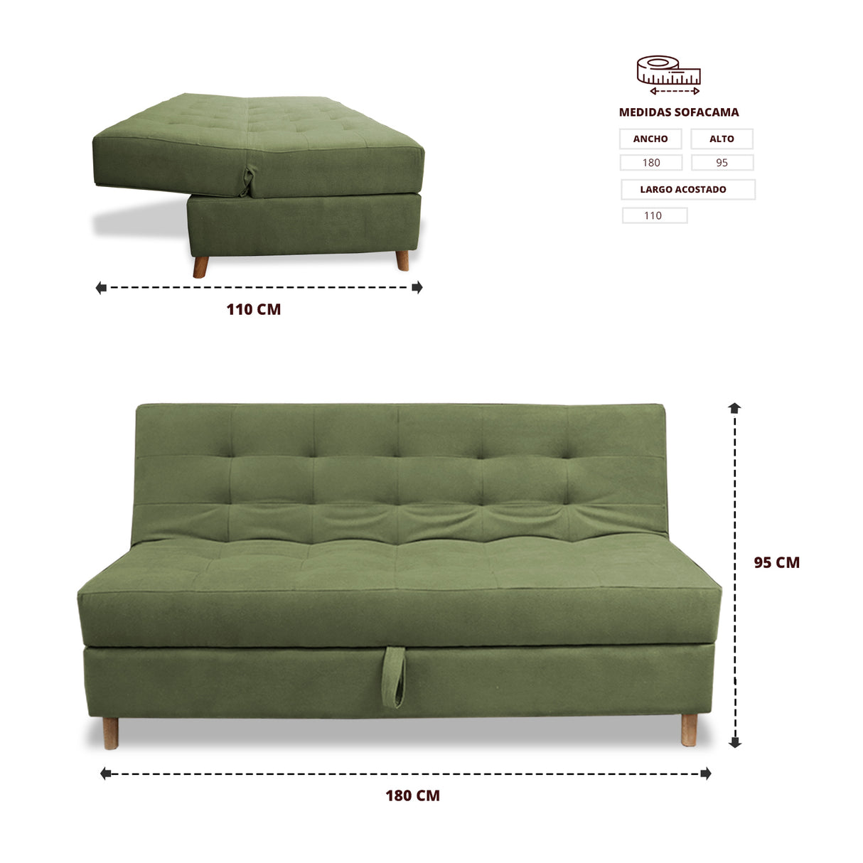 Sofacama Lugano Verde 180x95cm de Tres Puestos Reclinable Antifluido con Almacenamiento y sin Apoya Brazos - SOFAS Y POLTRONAS | Bylmo
