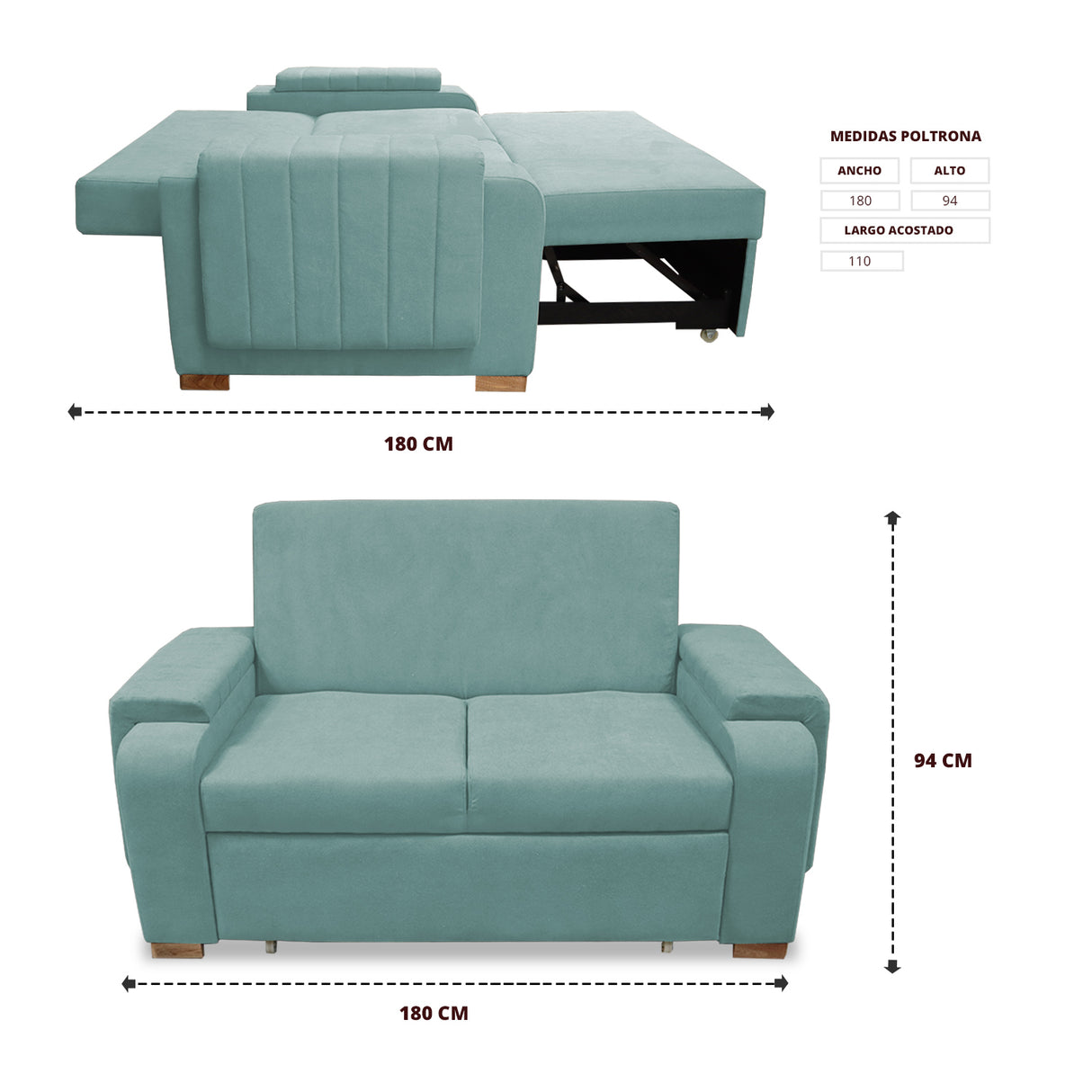 Sofacama Hartmann Menta 180x94cm de Dos Puestos Reclinable Antifluido y con Apoya Brazos - SOFAS Y POLTRONAS | Bylmo