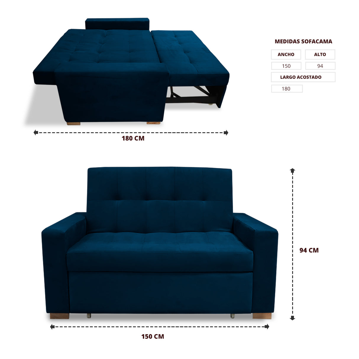 Sofacama Atalanta Azul Petróleo 150x94cm de Dos Puestos Reclinable Antifluido y sin Apoya Brazos - SOFAS Y POLTRONAS | Bylmo