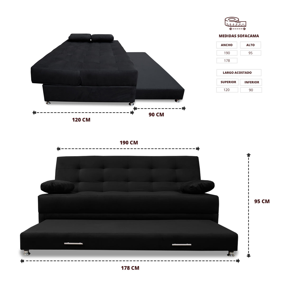 Sofacama Bachmann Negro 190x95cm de Tres Puestos Reclinable Antifluido y sin Apoya Brazos - SOFAS Y POLTRONAS | Bylmo