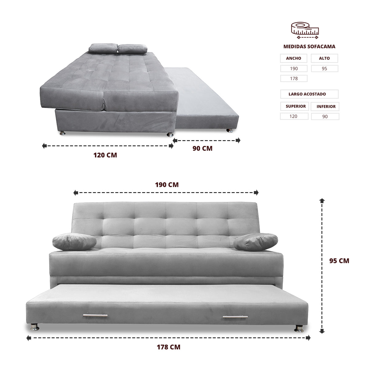 Sofacama Bachmann Plata 190x95cm de Tres Puestos Reclinable Antifluido y sin Apoya Brazos - SOFAS Y POLTRONAS | Bylmo