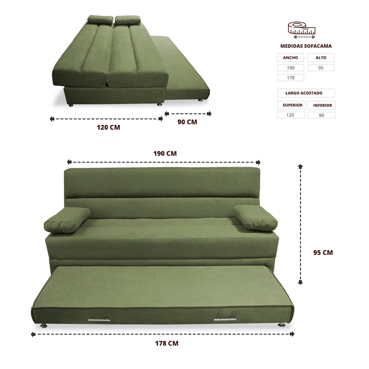 Sofacama Ferreira Verde 190x95cm de Tres Puestos Reclinable Antifluido y sin Apoya Brazos - SOFAS Y POLTRONAS | Bylmo