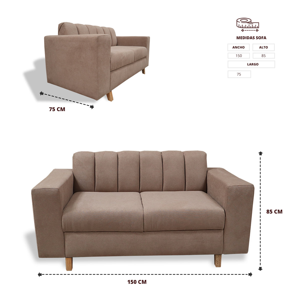Sofá Noah Camel 150x85cm de Dos Puestos Reclinable Antifluido y sin Apoya Brazos - SOFAS Y POLTRONAS | Bylmo