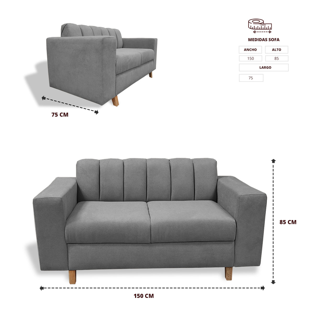 Sofá Noah Gris 150x85cm de Dos Puestos Reclinable Antifluido y sin Apoya Brazos - SOFAS Y POLTRONAS | Bylmo