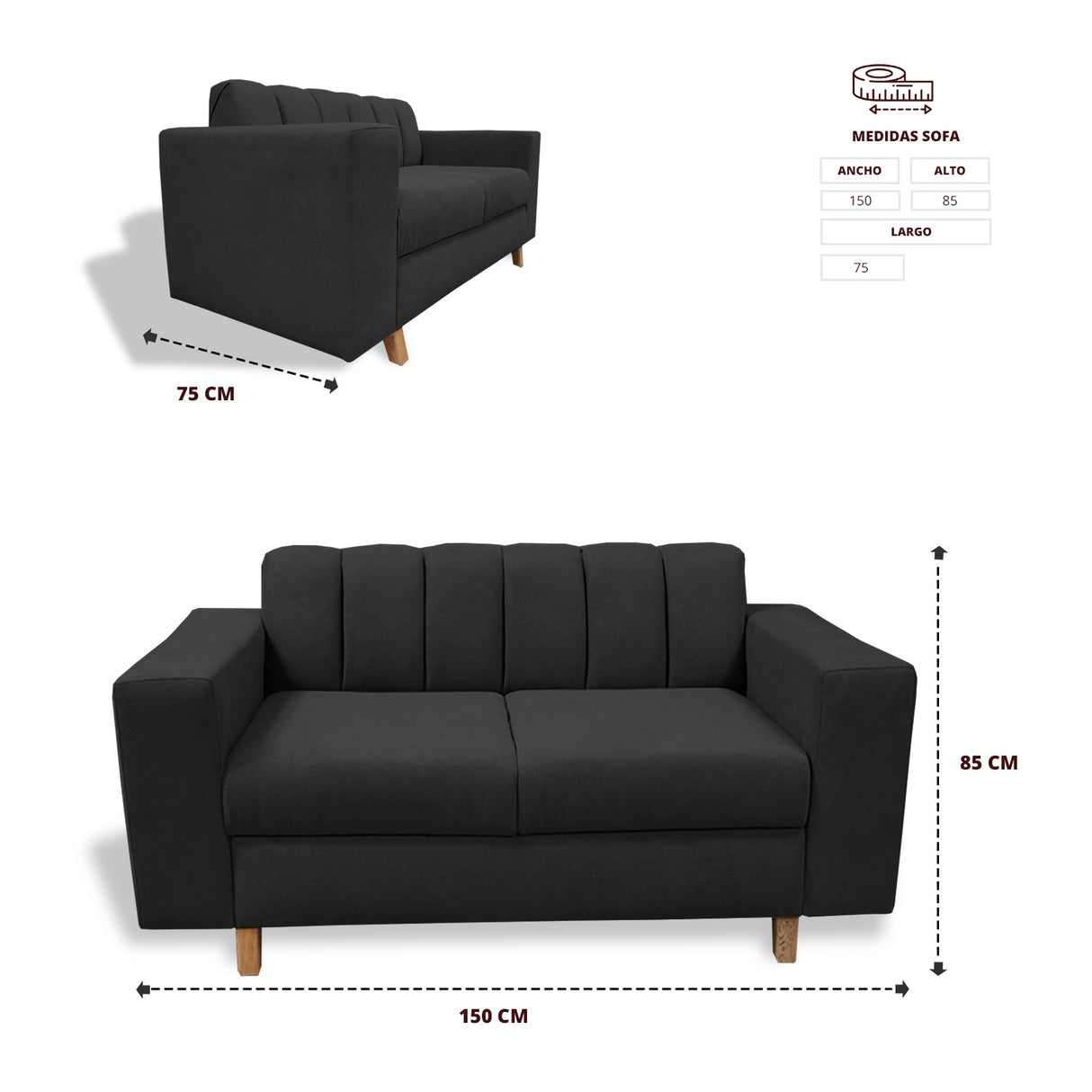 Sofá Noah Negro 150x85cm de Dos Puestos Reclinable Antifluido y sin Apoya Brazos - SOFAS Y POLTRONAS | Bylmo