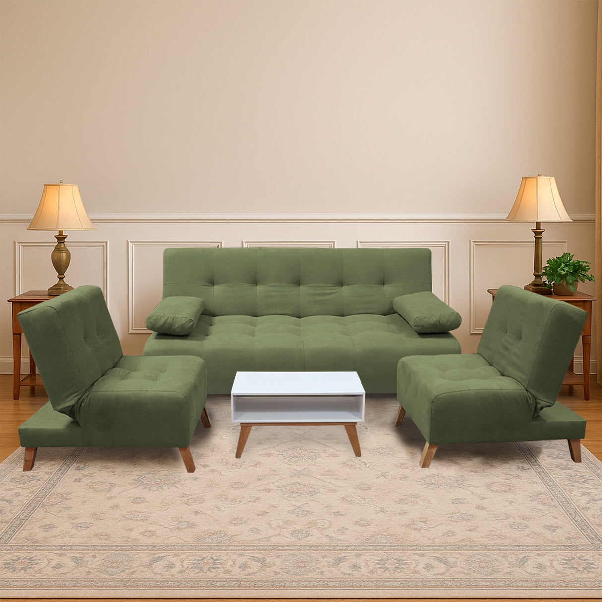 Sala Clic Clac Verde 180x94cm de Cinco Puestos Reclinable Antifluido y sin Apoya Brazos - SOFAS Y POLTRONAS | Bylmo