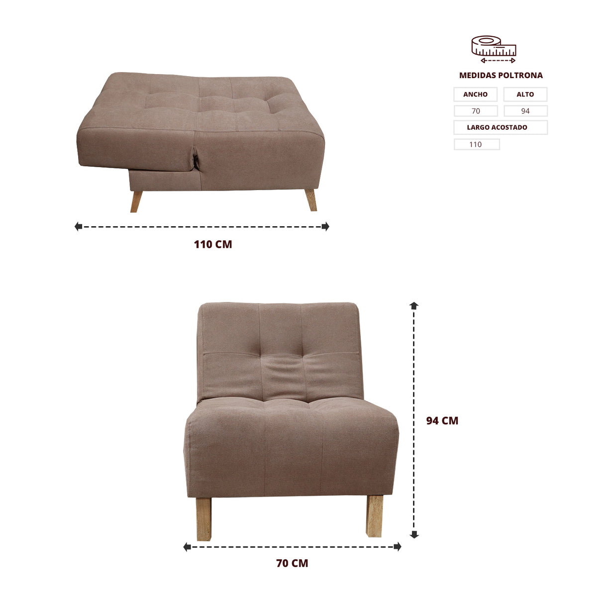 Poltrona Egli Camel 70x94cm de Un Puesto Reclinable Antifluido y sin Apoya Brazos - SOFAS Y POLTRONAS | Bylmo