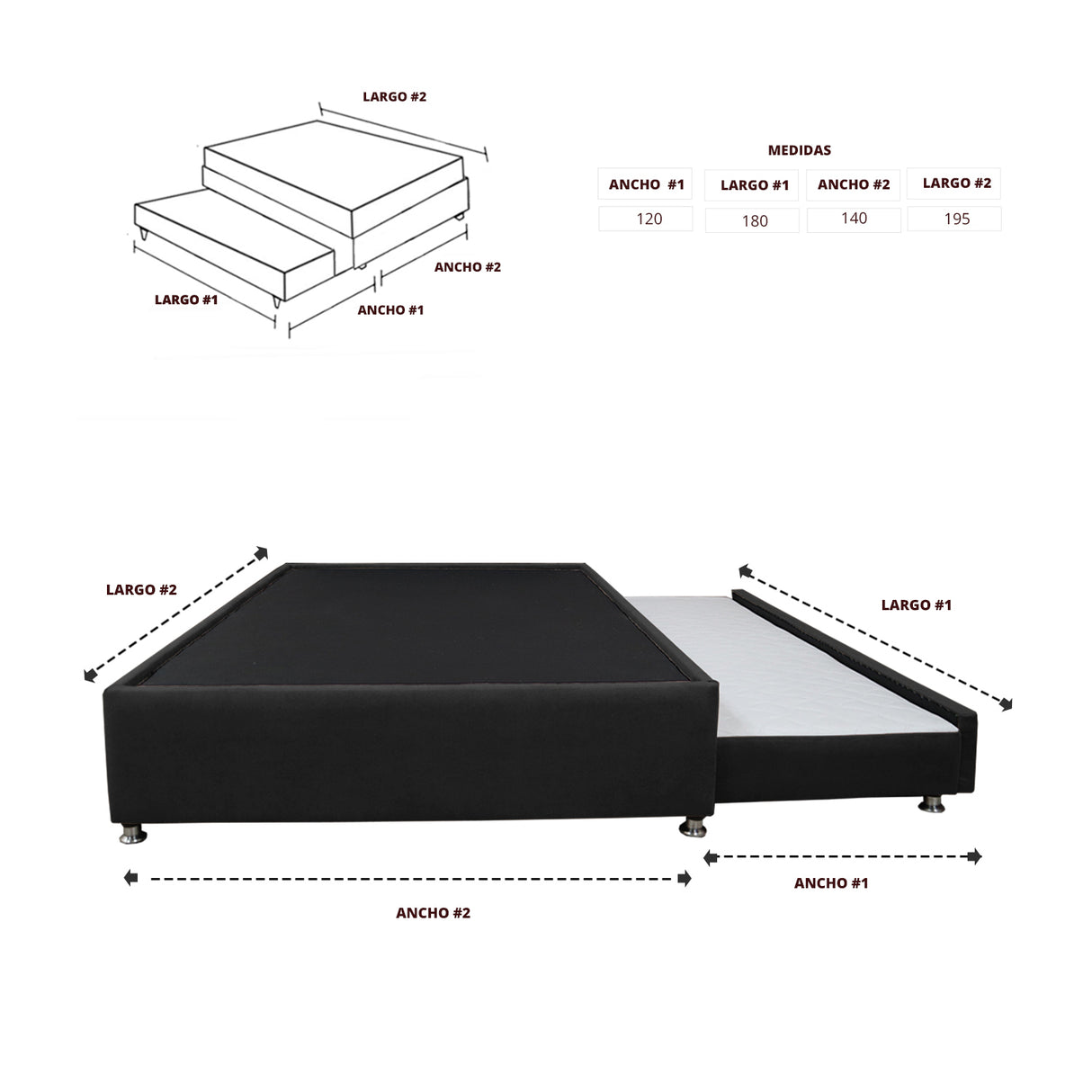 Cama Tarima Nido Comfort Negro para Cama Doble 140 X 190 Cm con Patas - CAMAS | Bylmo