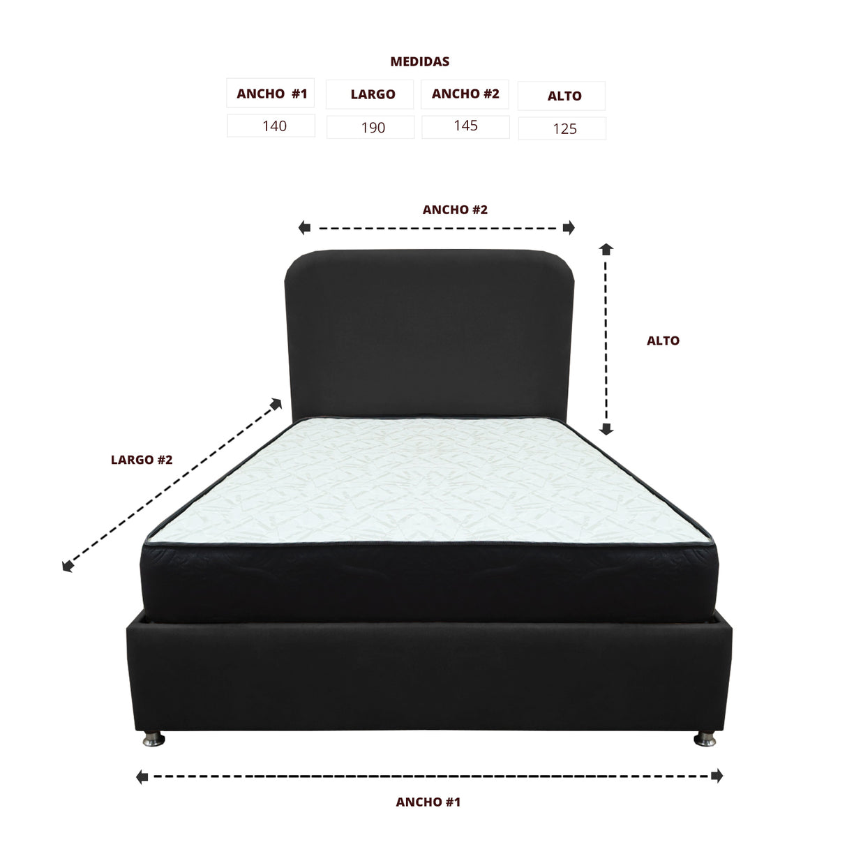 Combo Base Cama y Colchón Comfort Negro para Cama Doble 140 X 190 Cm con Patas - CAMAS | Bylmo