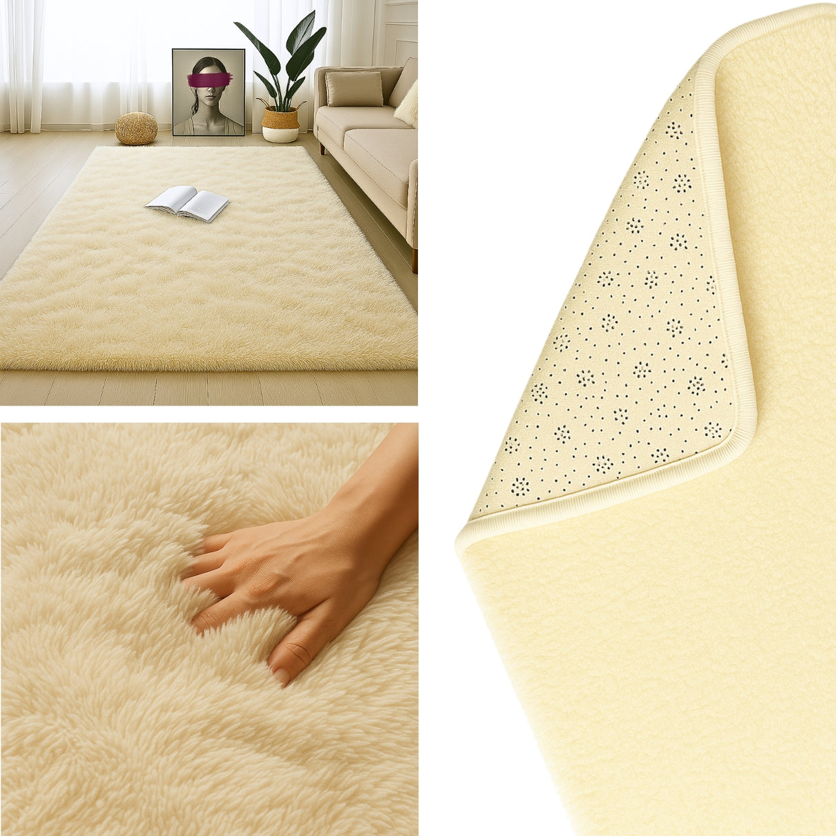 Alfombra de Peluche Rectangular Beige Claro 150x200cm Fondo Entero Suave Antideslizante para Sala De Estar - TAPETES Y ALFOMBRAS | Bylmo