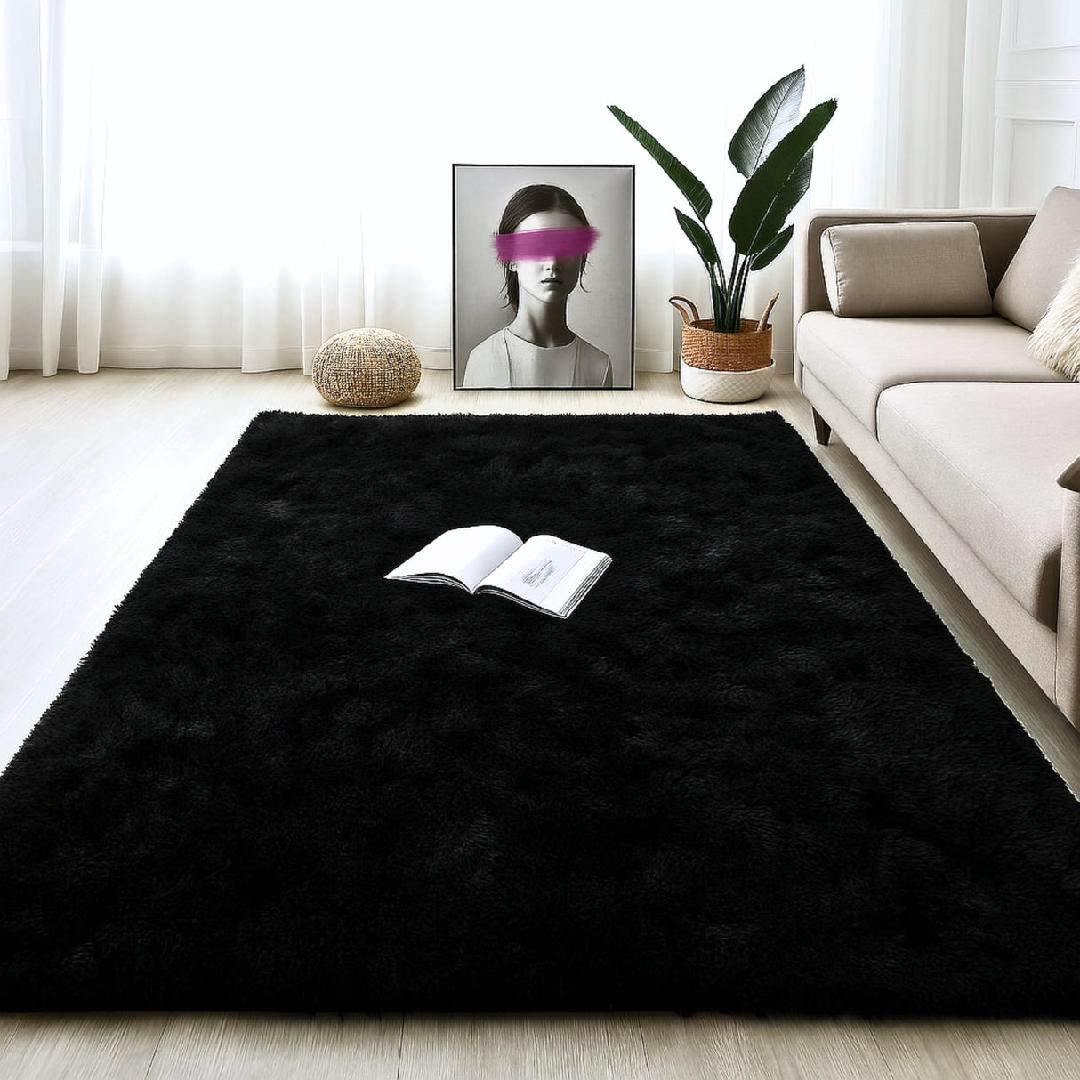 Alfombra de Peluche Rectangular Negro 150x200cm Fondo Entero Suave Antideslizante para Sala De Estar - TAPETES Y ALFOMBRAS | Bylmo