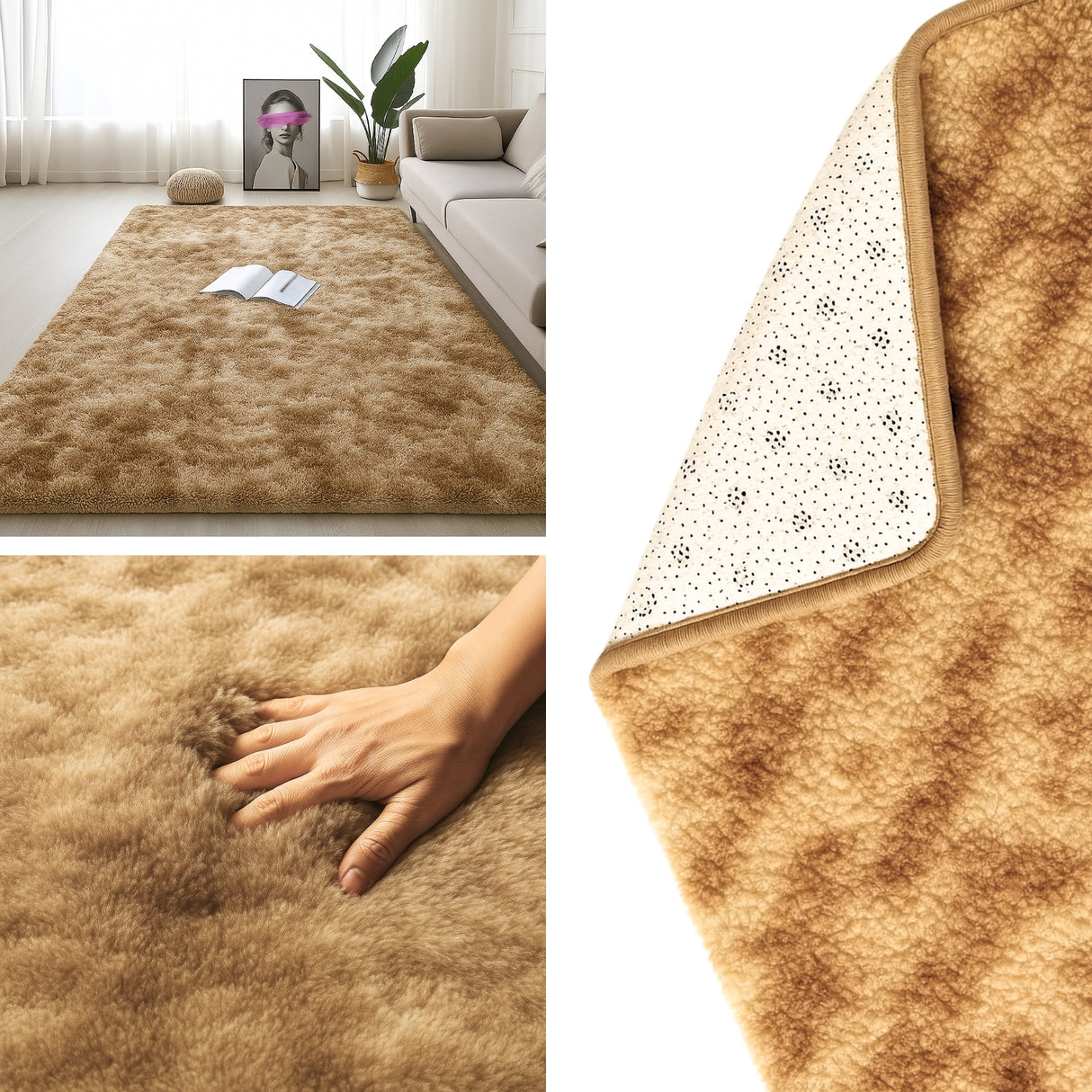 Alfombra de Peluche Rectangular Café 150x200cm Fondo Entero Suave Antideslizante para Sala De Estar - TAPETES Y ALFOMBRAS | Bylmo