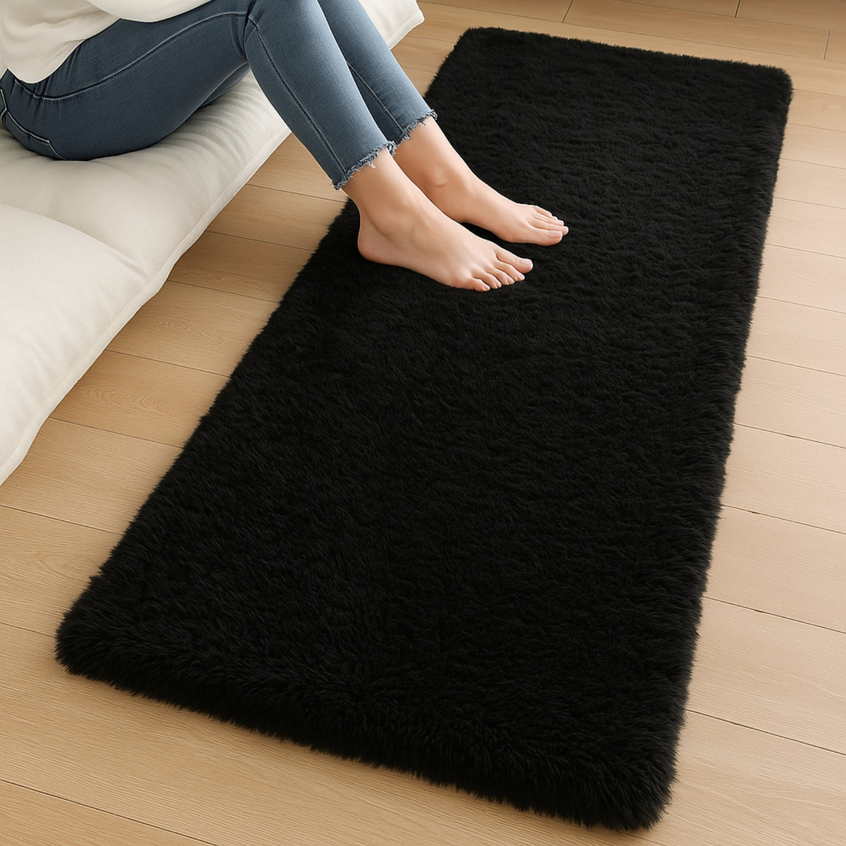 Alfombra de Peluche Rectangular Negro 60x150cm Fondo Entero Suave Antideslizante para Dormitorio - TAPETES Y ALFOMBRAS | Bylmo