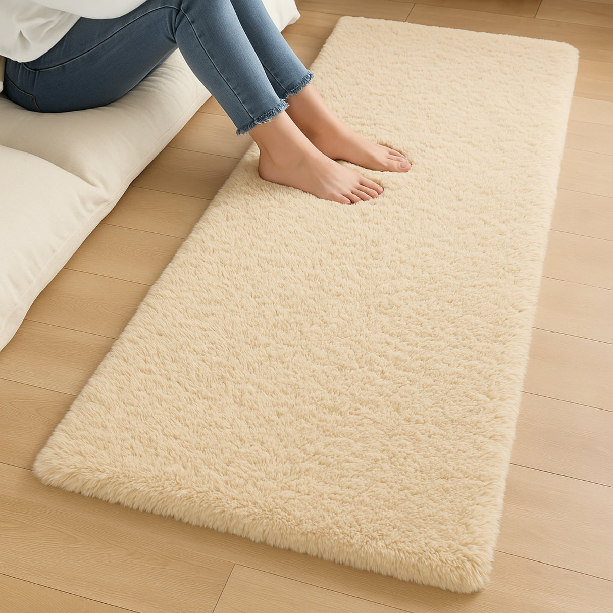 Alfombra de Peluche Rectangular Beige 60x150cm Fondo Entero Suave Antideslizante para Dormitorio - TAPETES Y ALFOMBRAS | Bylmo