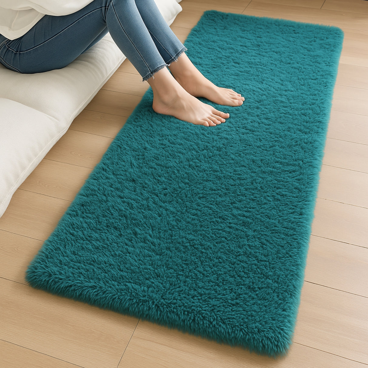 Alfombra de Peluche Rectangular Turquesa 60x150cm Fondo Entero Suave Antideslizante para Dormitorio - TAPETES Y ALFOMBRAS | Bylmo