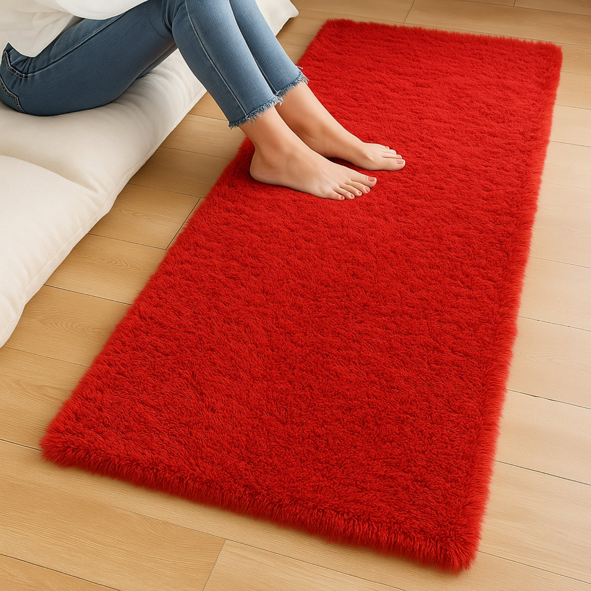 Alfombra de Peluche Rectangular Rojo 60x150cm Fondo Entero Suave Antideslizante para Dormitorio - TAPETES Y ALFOMBRAS | Bylmo