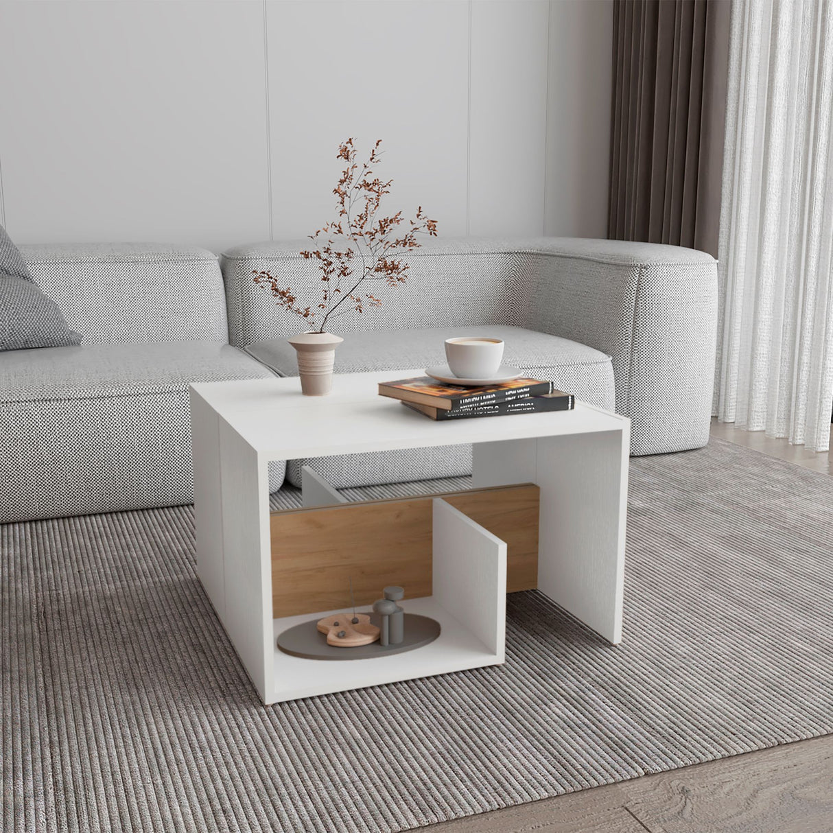 Mesa Auxiliar Everett Blanco Y Fresno 39.8x63.4cm Rectangular con Un Compartimiento - MESAS AUXILIARES | Bylmo