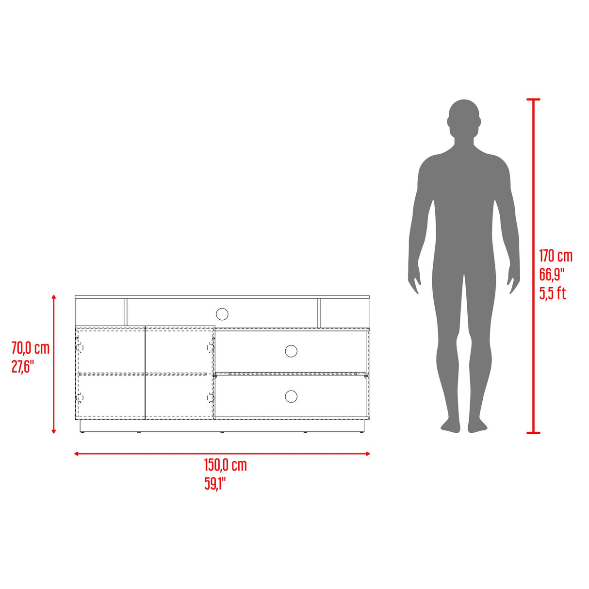 Mesa para TV Hope Fresno Europeo y Capri 150x70cm Para TV Hasta 65" Pulgadas con Cuatro Compartimientos - MUEBLES DE TV | Bylmo