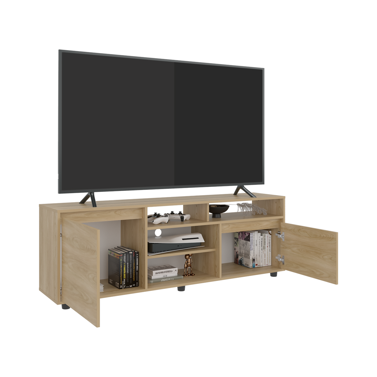 Rack de TV Pino Fresno Europeo 160x55cm Para TV Hasta 70" Pulgadas con Seis Compartimientos - MUEBLES DE TV | Bylmo