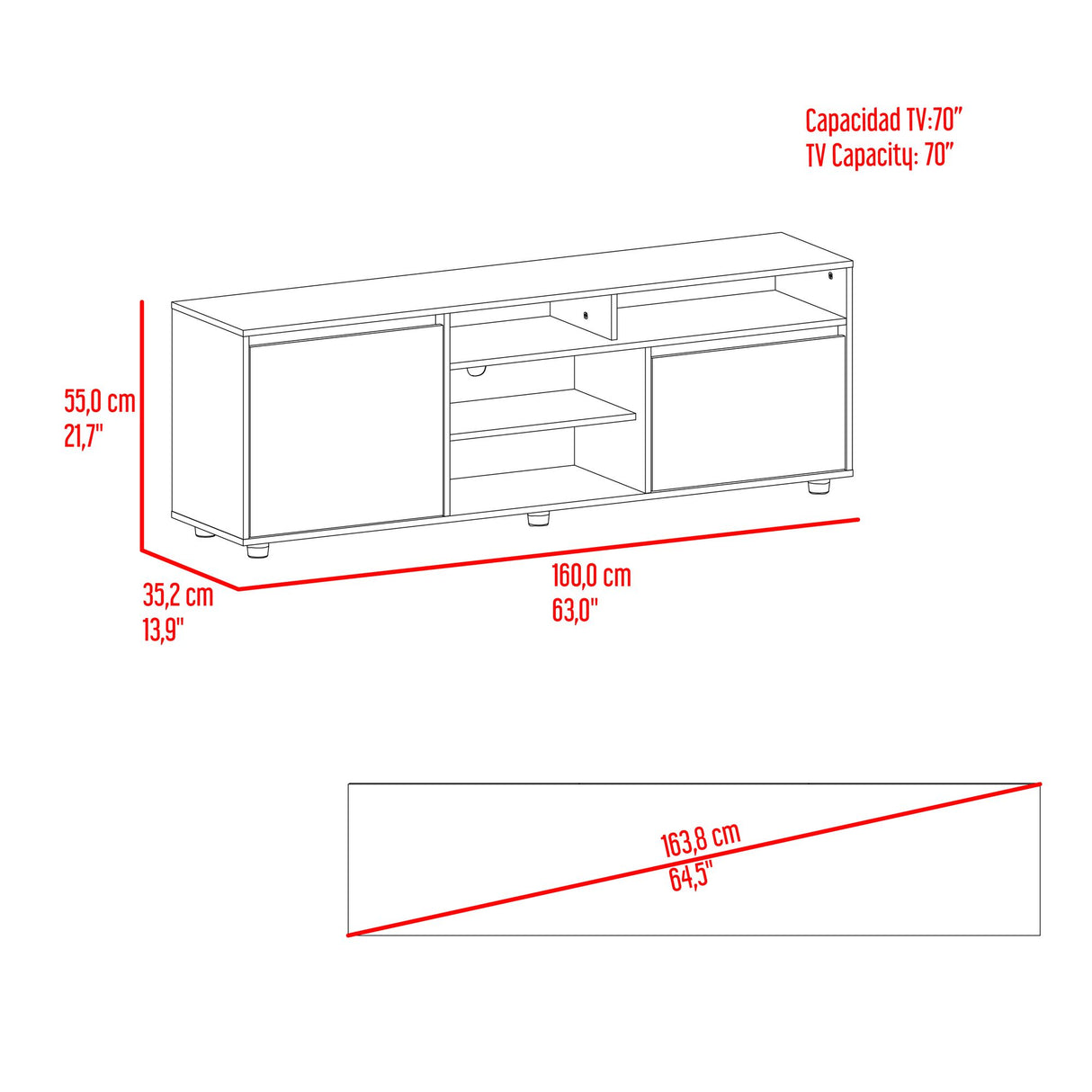 Rack de TV Pino Fresno Europeo 160x55cm Para TV Hasta 70" Pulgadas con Seis Compartimientos - MUEBLES DE TV | Bylmo