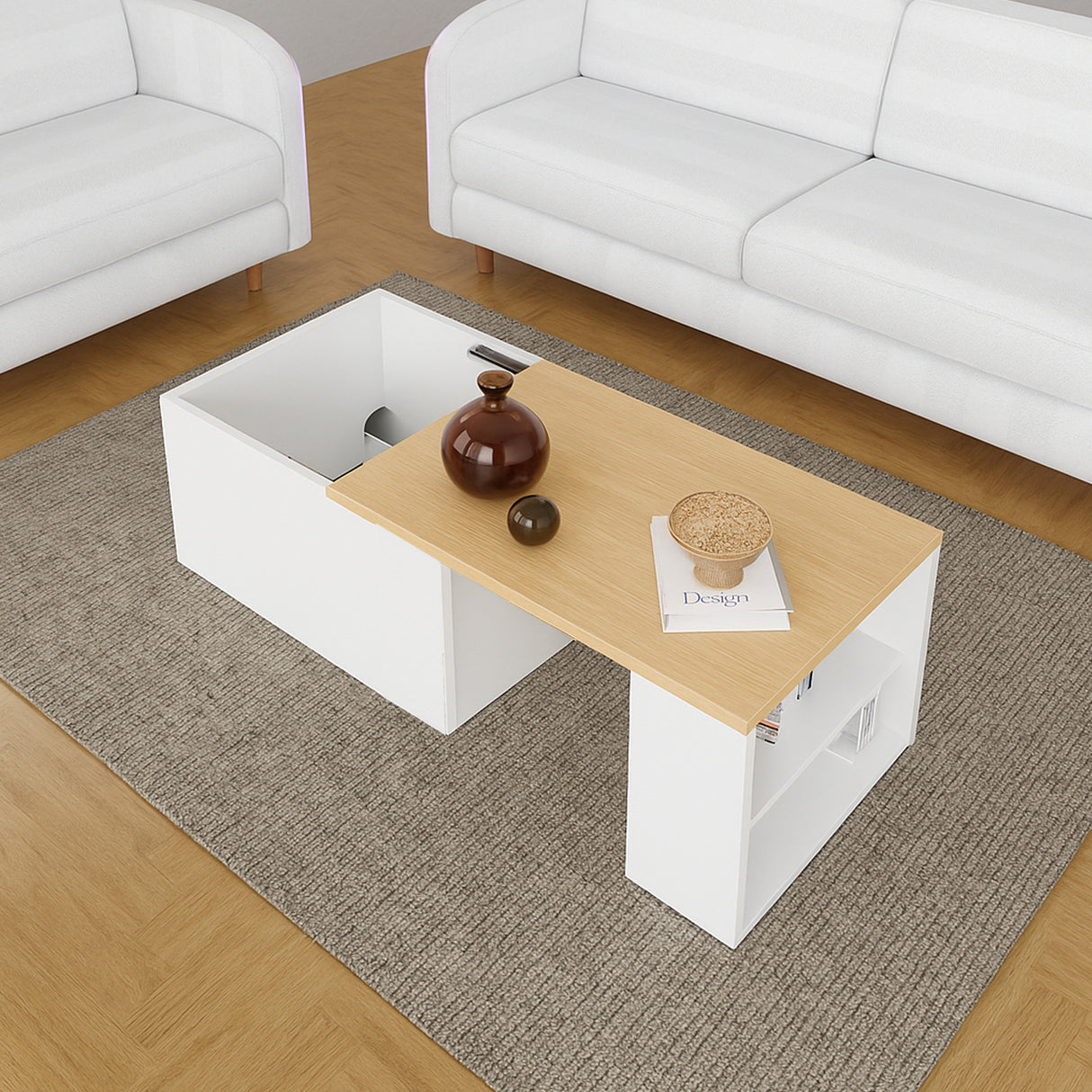 Mesa de Centro Extensible Blanco y Vienes 80x40cm Rectangular con Compartimiento - MESAS DE CENTRO | Bylmo
