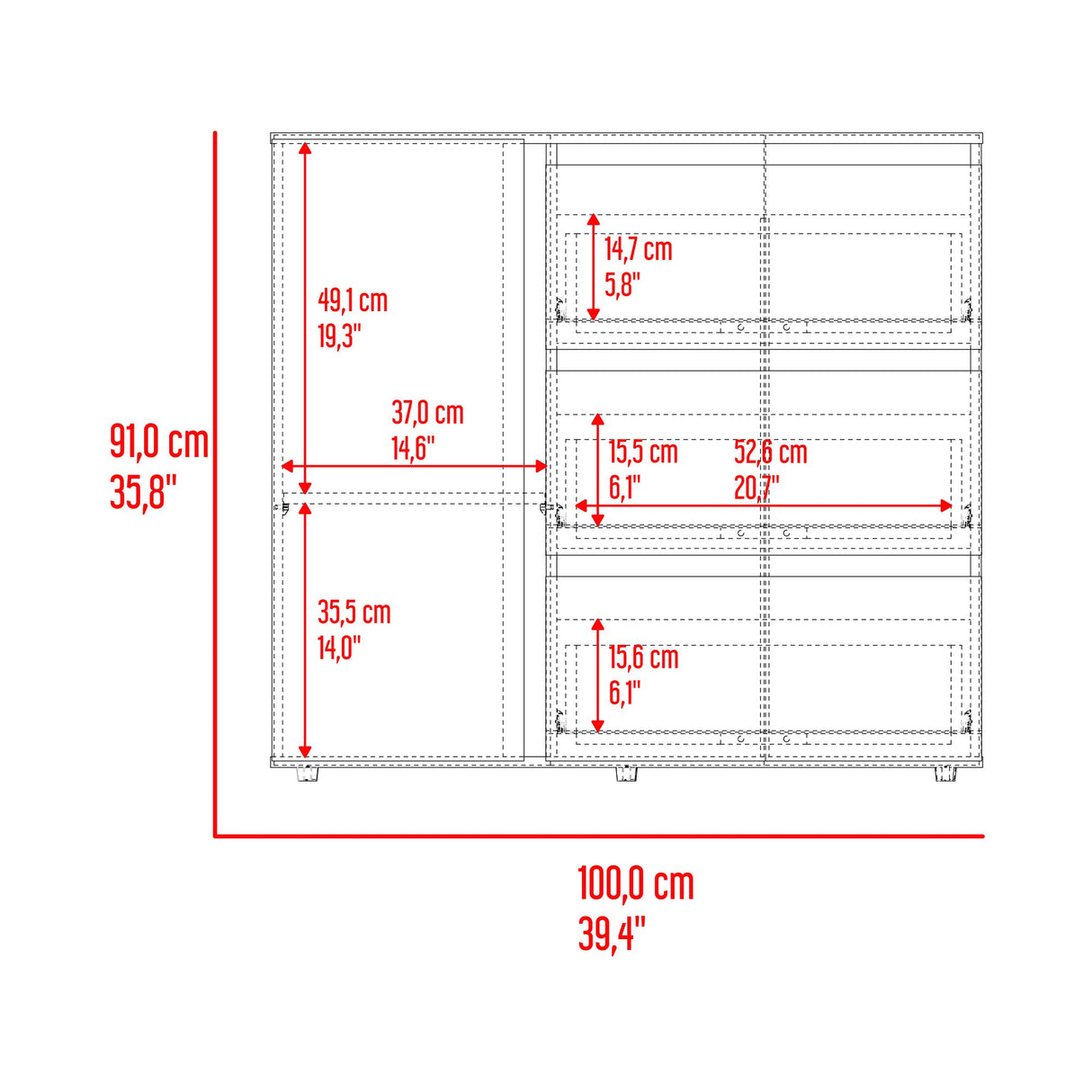 Cómoda Niza Bardolino y Blanco 100x91cm De Tres Hileras con Tres Cajones - CAJONERAS Y COMODAS | Bylmo