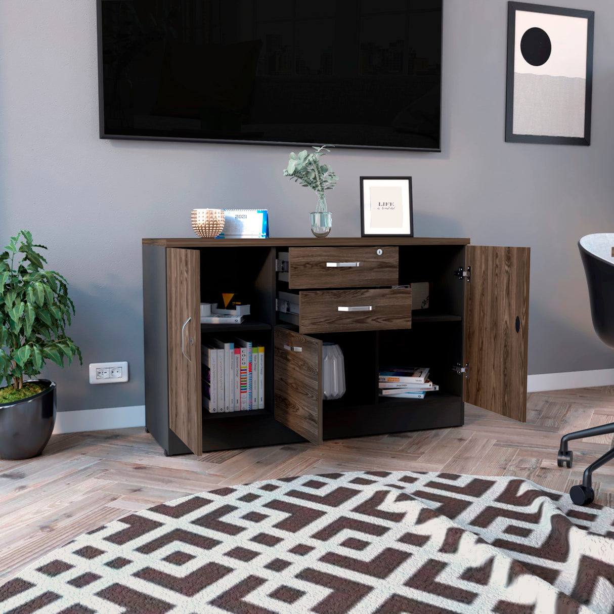 Archivador Home Office Coñac 120x75cm Carta con Tres Cajones y con Cerradura - ARCHIVADORES | Bylmo