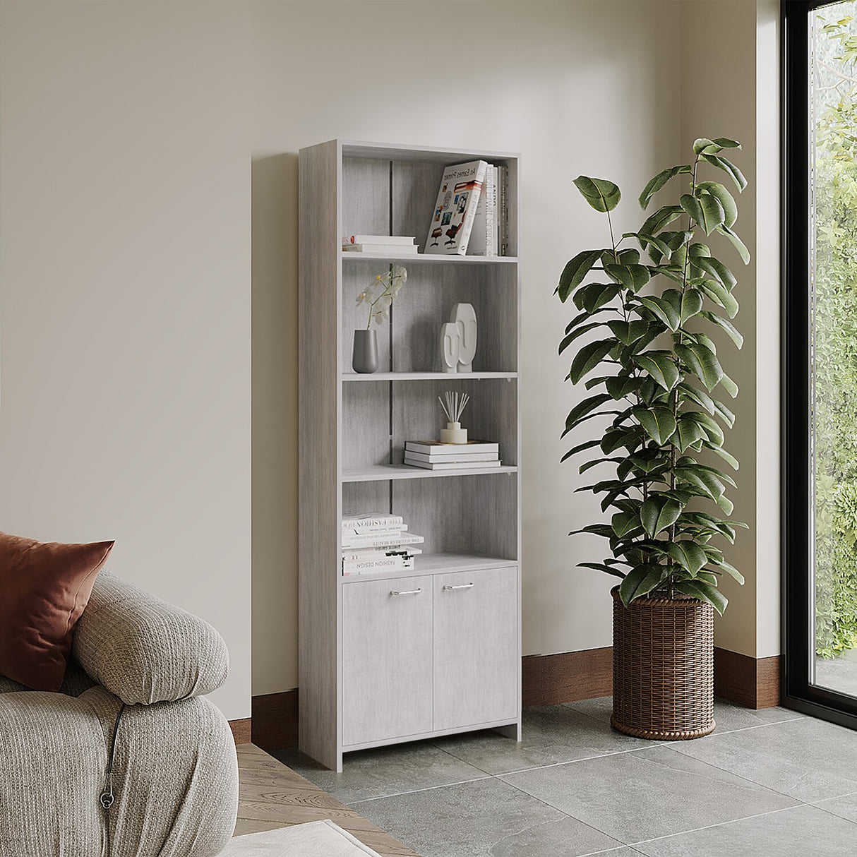 Biblioteca Lisa Cemento 63x180cm Rectangular con Cuatro Entrepaños y con Cinco Compartimientos - BIBLIOTECAS Y ESTANTERIAS | Bylmo