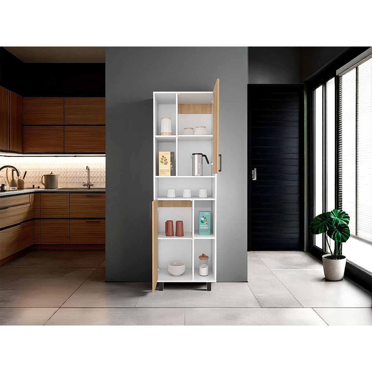 Estantería Bryce Blanco y Fresno Europeo 60x190cm Rectangular con Cuatro Entrepaños y con Nueve Compartimientos - BIBLIOTECAS Y ESTANTERIAS | Bylmo