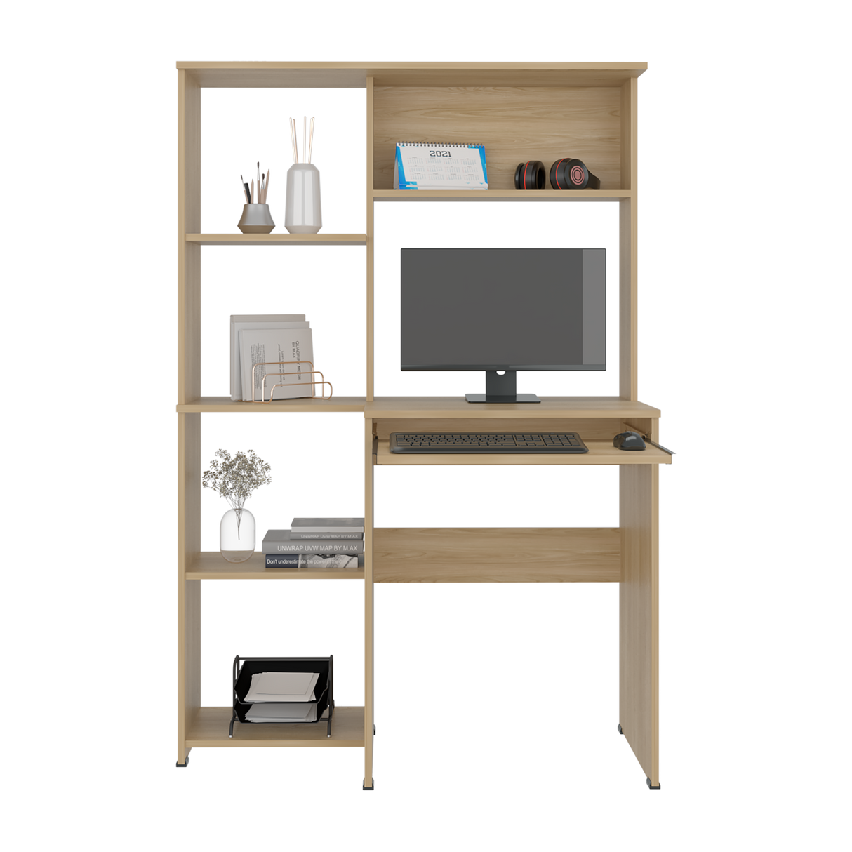 Centro de Computo Alden Eco Fresno Europeo 100x150cm sin Cajones y con Organizador de Libros - ESCRITORIOS | Bylmo