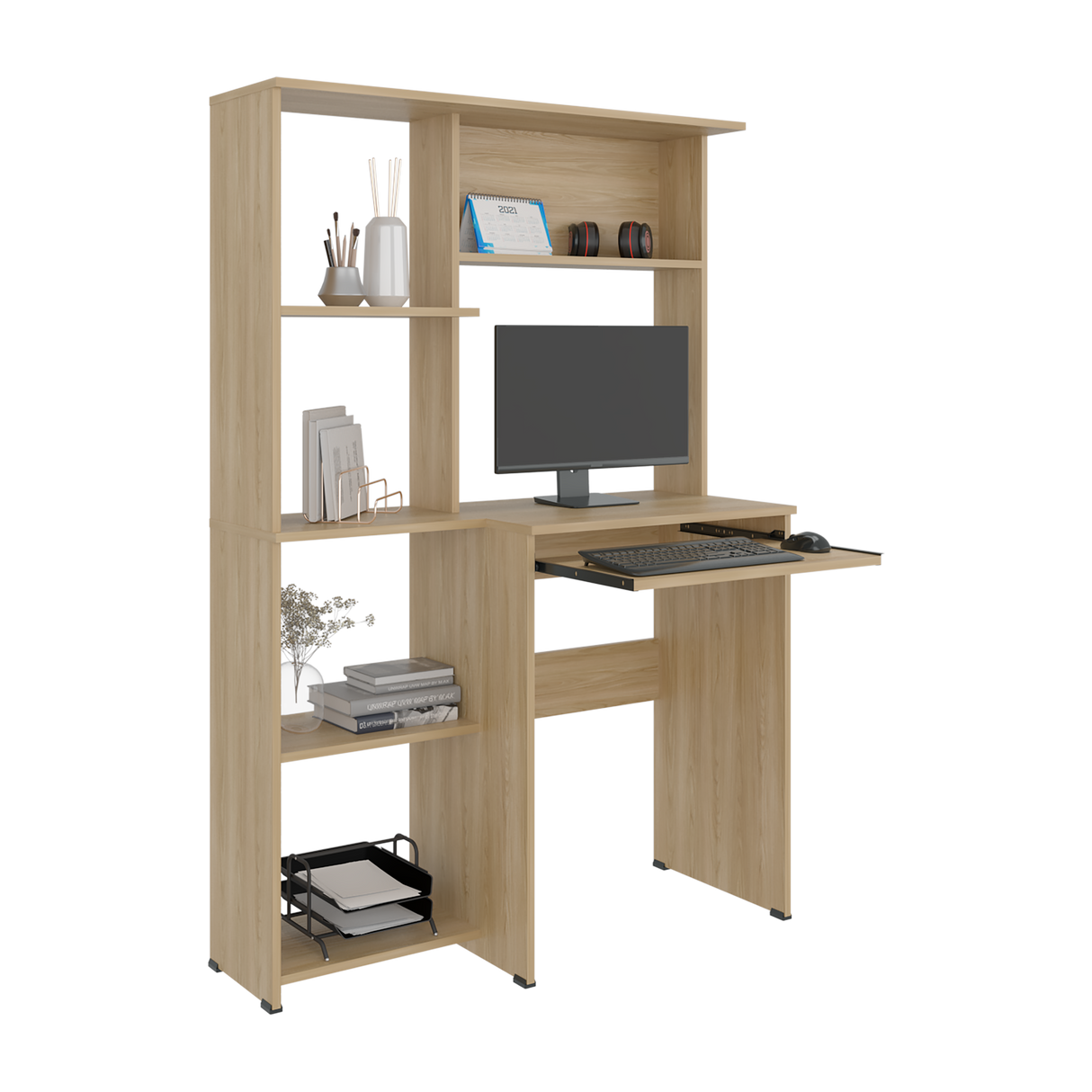 Centro de Computo Alden Eco Fresno Europeo 100x150cm sin Cajones y con Organizador de Libros - ESCRITORIOS | Bylmo