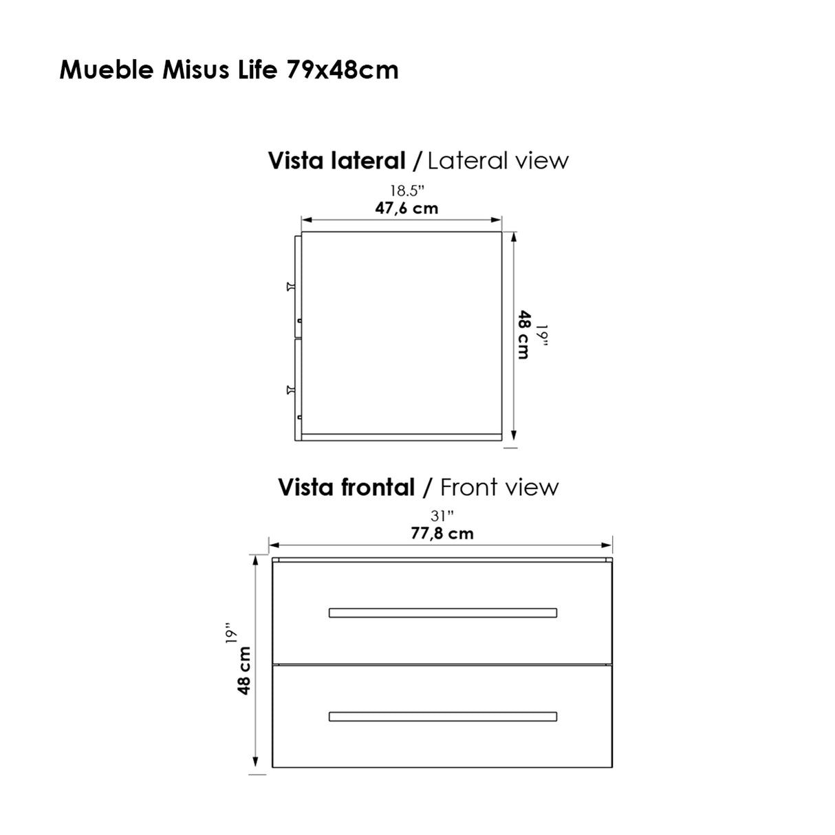 Kit Mueble con Lavamanos Flotante Misus Gracia 79x48cm Individual con Lavamanos de Sobreponer con Dos Cajones - MUEBLES PARA LAVAMANOS | Bylmo