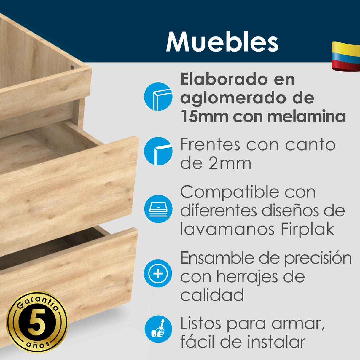 Mueble para Lavamanos Otus Gracia 63x84cm Individual con Mesón de Quartzone y con Dos Cajones - MUEBLES PARA LAVAMANOS | Bylmo