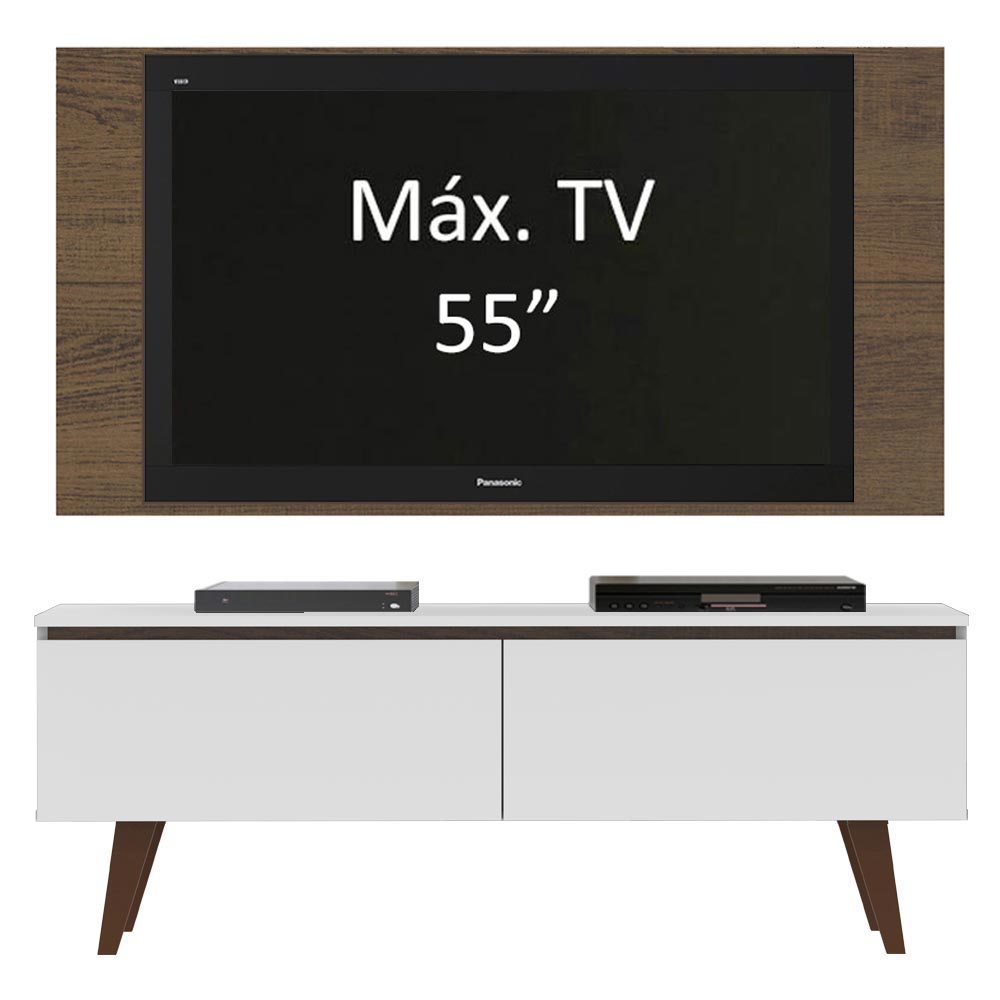 Combo Mueble y Panel de TV Le Mans Blanco y Marron 136x72cm para TV Hasta 55" Pulgadas con Ranuras para Cables y con Dos Compartimientos - MUEBLES DE TV | Bylmo