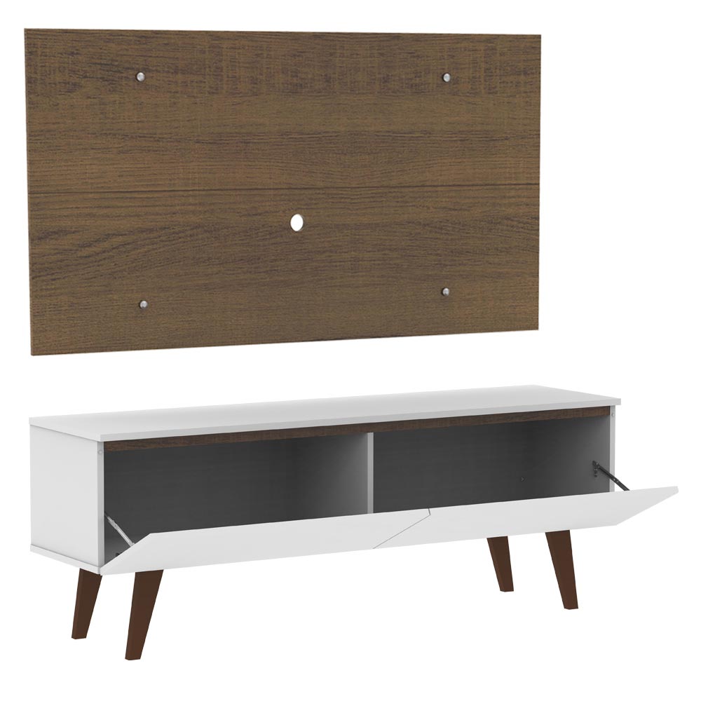 Combo Mueble y Panel de TV Le Mans Blanco y Marron 136x72cm para TV Hasta 55" Pulgadas con Ranuras para Cables y con Dos Compartimientos - MUEBLES DE TV | Bylmo
